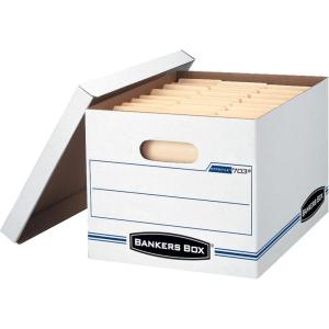 imageBankers Box 4 Pack STORFILE Basic Duty File Storage Boxes Standard Assembly Liftoff Lid LetterLegal WhiteBlueStandard Packaging