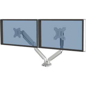 imageFellowes Platinum Series Triple Monitor Arm for 27Inch Monitors Full Motion 360 Rotation VESA Mount with Grommet or Clamp USB Ports Ergonomic Black 8042601Silver